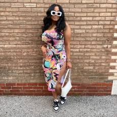 Lace Edge Print Sling Slit Maxi Dress SXF-30601