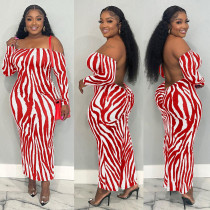 Stripe Print Backless Long Sleeve Maxi Dress WAF-77608