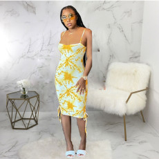 Tie Dye Print Drawstring Sling Midi Dress LUO-6658