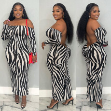 Stripe Print Backless Long Sleeve Maxi Dress WAF-77608