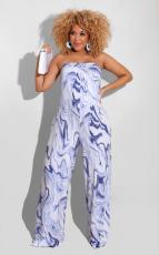 Wrap Chest Marble Print Wide Leg Jumpsuit OY-6512