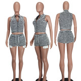 Sleeveless Stripe Zipper Two Piece Shorts Set YD-8752