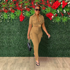 Solid Short Sleeve Shirt And Slit Pants Two Piece Set FOSF-8365