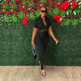 Solid Short Sleeve Shirt And Slit Pants Two Piece Set FOSF-8365