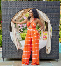 Sexy Stripe Print Halter Tops And Loose Pants Two Piece Set BGN-298