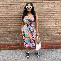 Lace Edge Print Sling Slit Maxi Dress SXF-30601
