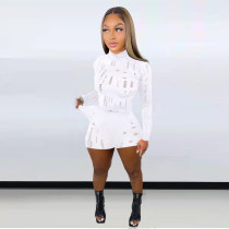 Sexy Hole Hollow Out Long Sleeve 2 Piece Shorts Set LSD-82016