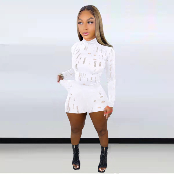 Sexy Hole Hollow Out Long Sleeve 2 Piece Shorts Set LSD-82016