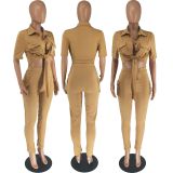 Solid Short Sleeve Shirt And Slit Pants Two Piece Set FOSF-8365