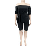 Plus Size Solid Color One Shoulder Two Piece Shorts Set NK-8627