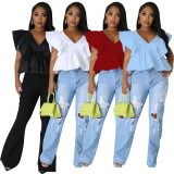 Fashion Petal Sleeve Backless Tie Up Tops YF-10545
