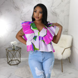 Fashion Petal Sleeve Backless Tie Up Tops YF-10545