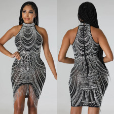 Hot Drill Sleeveless Halter Tassel Mini Dress  BY-6377