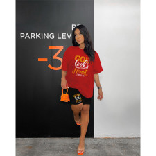 Letter Print Loose O Neck Two Piece Shorts Set HGL-9009031