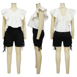 Fashion Petal Sleeve Backless Tie Up Tops YF-10545