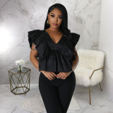 Fashion Petal Sleeve Backless Tie Up Tops YF-10545