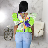 Fashion Petal Sleeve Backless Tie Up Tops YF-10545