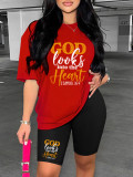 Letter Print Loose O Neck Two Piece Shorts Set HGL-9009031