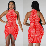 Hot Drill Sleeveless Halter Tassel Mini Dress  BY-6377