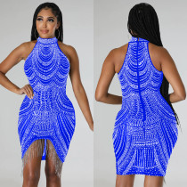 Hot Drill Sleeveless Halter Tassel Mini Dress  BY-6377