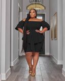 Plus Size Solid Color One Shoulder Two Piece Shorts Set NK-8627