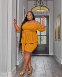 Plus Size Solid Color One Shoulder Two Piece Shorts Set NK-8627