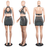 Sexy Hot Drill Deep V Neck Halter Two Piece Skirt Set FSXF-70