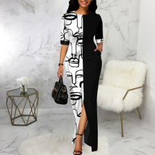 Fashion Print Color Block Slit Maxi Dress SMR-11983
