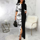 Fashion Print Color Block Slit Maxi Dress SMR-11983
