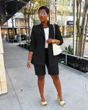 Solid Long Sleeve Blazer Coat And Shorts Two Piece Set AIL-245