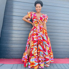 Geometric Print Bandage Tops And Slit Skirt Two Piece Set NY-10513
