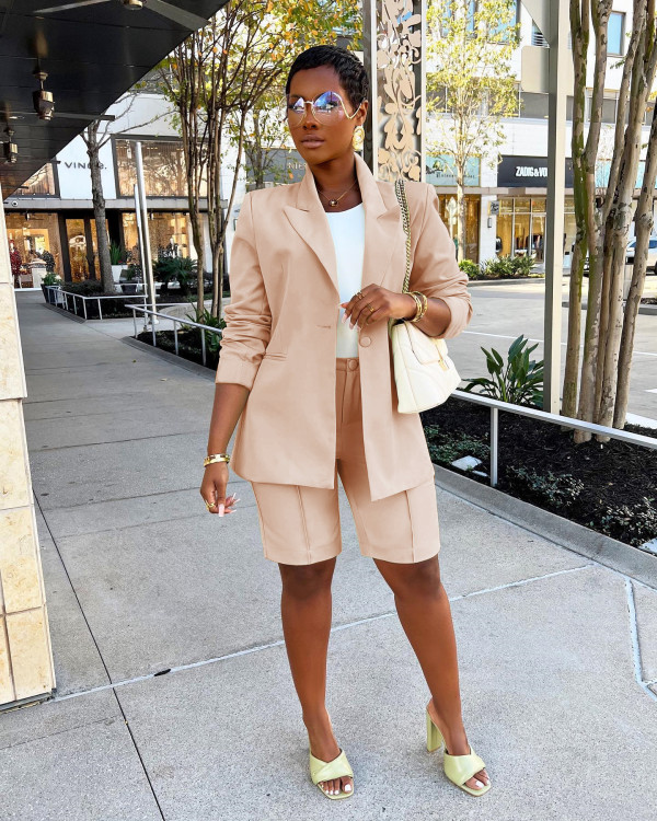 Solid Long Sleeve Blazer Coat And Shorts Two Piece Set AIL-245