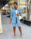 Solid Long Sleeve Blazer Coat And Shorts Two Piece Set AIL-245
