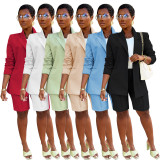 Solid Long Sleeve Blazer Coat And Shorts Two Piece Set AIL-245
