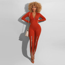 Solid Color Zipper Sport Slim Jumpsuit LUO-6618