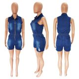 Fashion Short Sleeve Zipper Denim Romper LX-6957