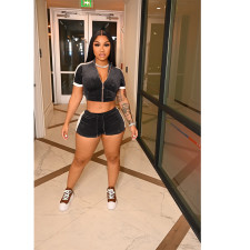 Casual Zipper Crop Tops And Shorts Two Piece Set LUO-6700