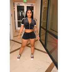 Casual Zipper Crop Tops And Shorts Two Piece Set LUO-6700
