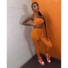 Solid Color Wrap Chest And Bandage Pants 2 Piece Set  LUO-6696