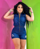 Fashion Short Sleeve Zipper Denim Romper LX-6957