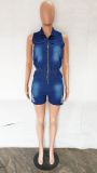 Fashion Short Sleeve Zipper Denim Romper LX-6957