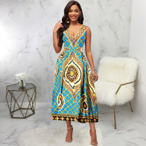 Print Sleeveless V Neck Long Dress SMR-11905