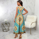 Print Sleeveless V Neck Long Dress SMR-11905