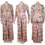 Plus Size Print Long Sleeve Tie Up Two Piece Pants Set NY-2749