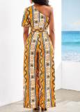 Single Shoulder Print Jumpsuit(With Waist Belt) SMR-11994