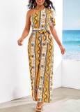 Single Shoulder Print Jumpsuit(With Waist Belt) SMR-11994