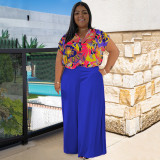 Plus Size Print Short Sleeve Shirt Two Piece Pants Set NNWF-7872