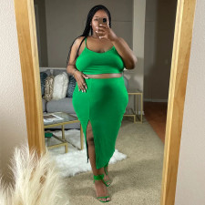 Plus Size Solid Color Sling Vest And Slit Skirt Two Piece Set NNWF-7886