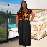 Plus Size Print Short Sleeve Shirt Two Piece Pants Set NNWF-7872