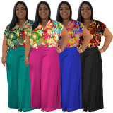 Plus Size Print Short Sleeve Shirt Two Piece Pants Set NNWF-7872